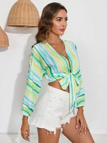 SHEIN VCAY 條紋印花前繫帶短款襯衫 - 彩色 - 查看 3