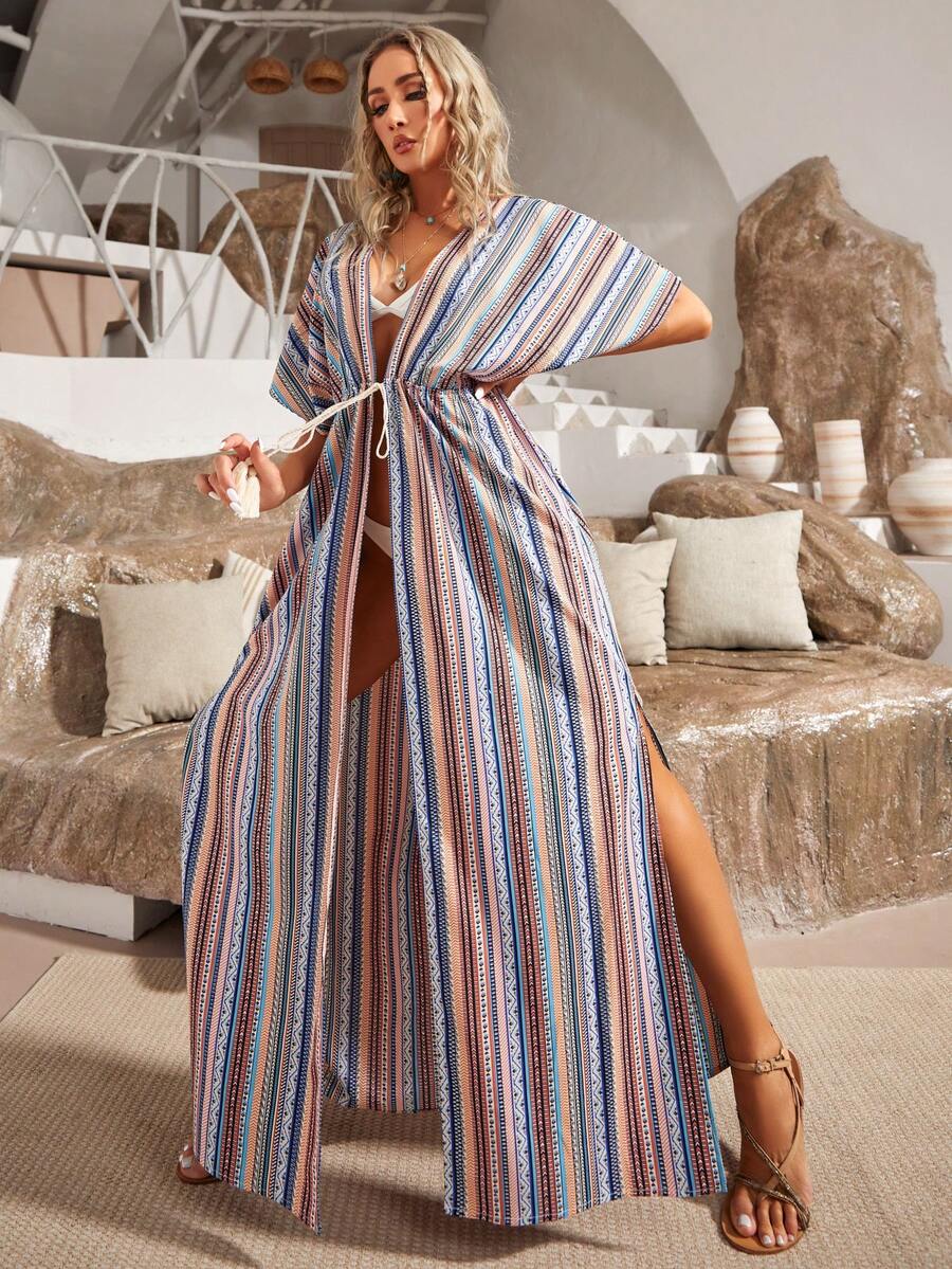 S BETRO Striped Print Batwing Sleeve Kimono - Multicolor - View 1