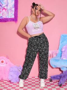 Rick and Morty | ROMWE Plus Size Quần thể thao Thắt nút Hoạt hình Tất cả trên in - Đen và trắng - Xem 3