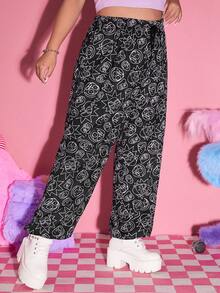 Rick and Morty | ROMWE Plus Size Quần thể thao Thắt nút Hoạt hình Tất cả trên in - Đen và trắng - Xem 4