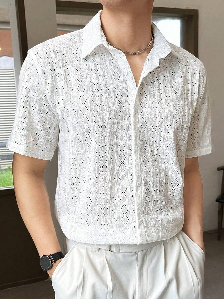 Manfinity Chillmode Men Solid Button Up Shirt Short Sleeve Plain White Casual Shirt - White - View 1