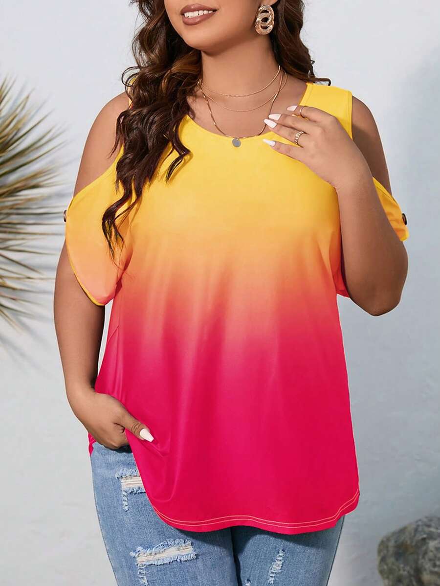 SHEIN LUNE Camiseta de verano con hombros descubiertos y efecto degradado para tallas grandes - Multicolor - Ver 1