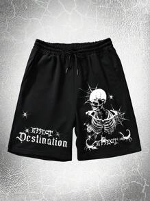 ROMWE MEN Goth Hombres Shorts con estampado de cráneo y letra de cintura con cordón