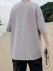 男士字母和表情圖案落肩T恤 - 淺灰色 - 查看 2