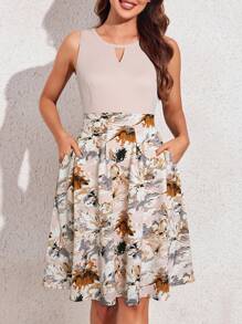 Đầm Cắt ra Dây kéo Hoa Giải trí - Màu be - Xem 1