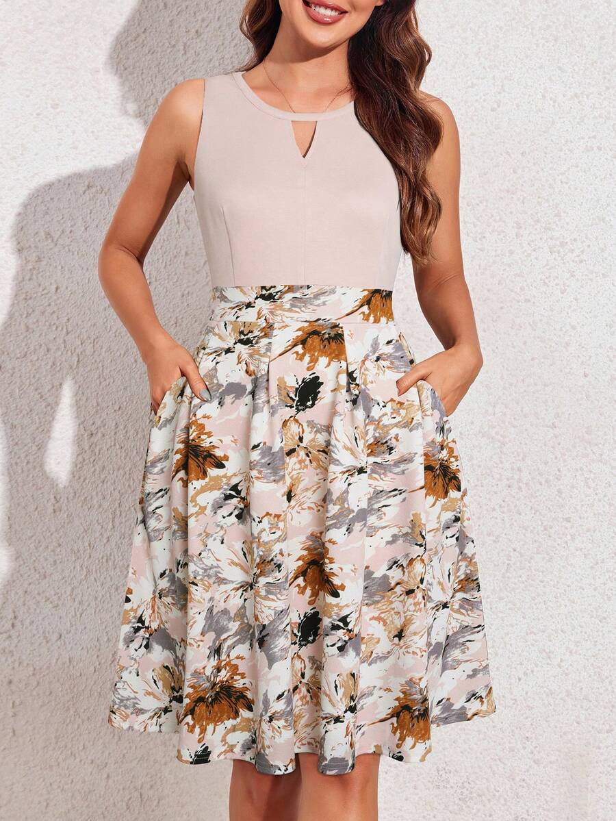 Đầm Cắt ra Dây kéo Hoa Giải trí - Màu be - Xem 1