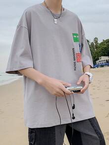 男士字母和表情圖案落肩T恤 - 淺灰色 - 查看 4