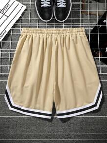 Aesthetic Post--Men Plus Letter Graphic Striped Trim Drawstring Waist Shorts - Khaki - View 2