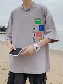 男士字母和表情圖案落肩T恤 - 淺灰色 - 查看 6