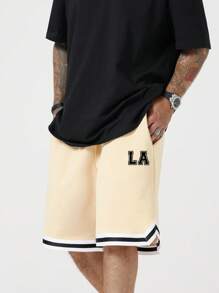 Aesthetic Post--Men Plus Letter Graphic Striped Trim Drawstring Waist Shorts - Khaki - View 3