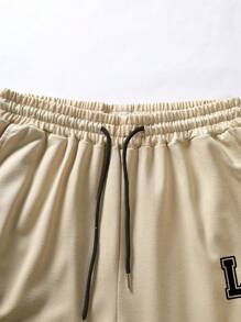 Aesthetic Post--Men Plus Letter Graphic Striped Trim Drawstring Waist Shorts - Khaki - View 6