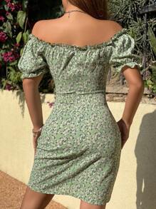 SHEIN Holidaya Ditsy Floral Print Off Shoulder Split Hem Dress Vacation Beach Outfits Women - Multicolor - View 2