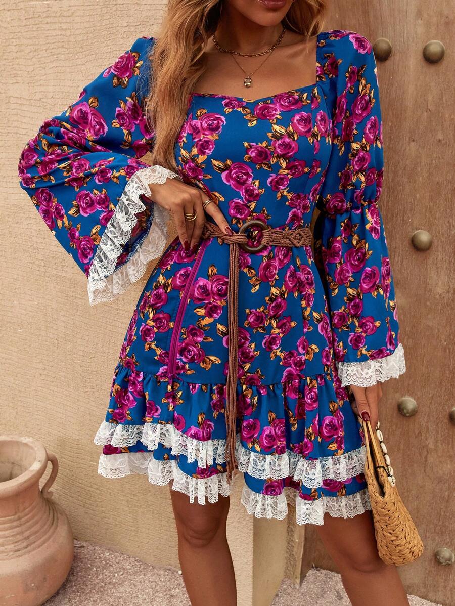 SHEIN Holidaya Floral Print Contrast Lace Flounce Sleeve Ruffle Hem Dress Without Belt - Multicolor - View 1