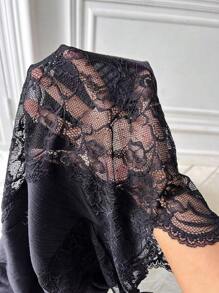 蕾絲拼接高衩吊帶睡裙 - 黑色 - 查看 7