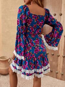 SHEIN Holidaya Floral Print Contrast Lace Flounce Sleeve Ruffle Hem Dress Without Belt - Multicolor - View 2