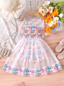 SHEIN Young Girl Cartoon Graphic Mesh Overlay Cami Romper - Multicolor - View 1