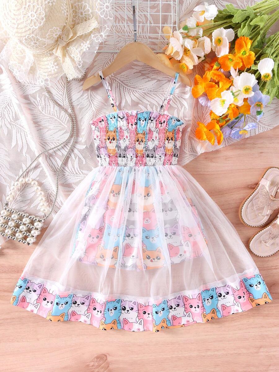 SHEIN Young Girl Cartoon Graphic Mesh Overlay Cami Romper - Multicolor - View 1