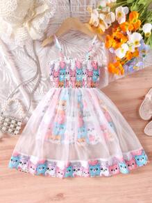 SHEIN Young Girl Cartoon Graphic Mesh Overlay Cami Romper - Multicolor - View 2