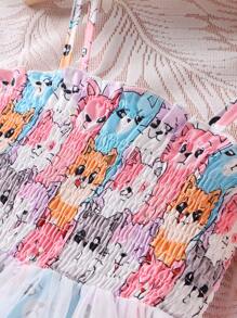 SHEIN Young Girl Cartoon Graphic Mesh Overlay Cami Romper - Multicolor - View 3