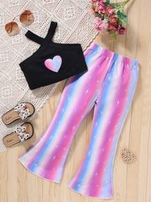 SHEIN 小女童愛心圖案吊帶上衣和漸層喇叭褲 - 彩色 - 查看 1