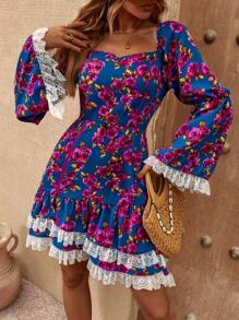SHEIN Holidaya Floral Print Contrast Lace Flounce Sleeve Ruffle Hem Dress Without Belt - Multicolor - View 6