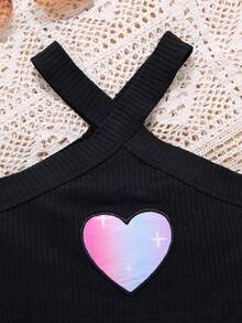 SHEIN 小女童愛心圖案吊帶上衣和漸層喇叭褲 - 彩色 - 查看 4