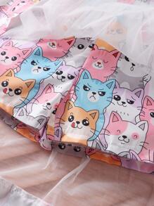 SHEIN Young Girl Cartoon Graphic Mesh Overlay Cami Romper - Multicolor - View 6