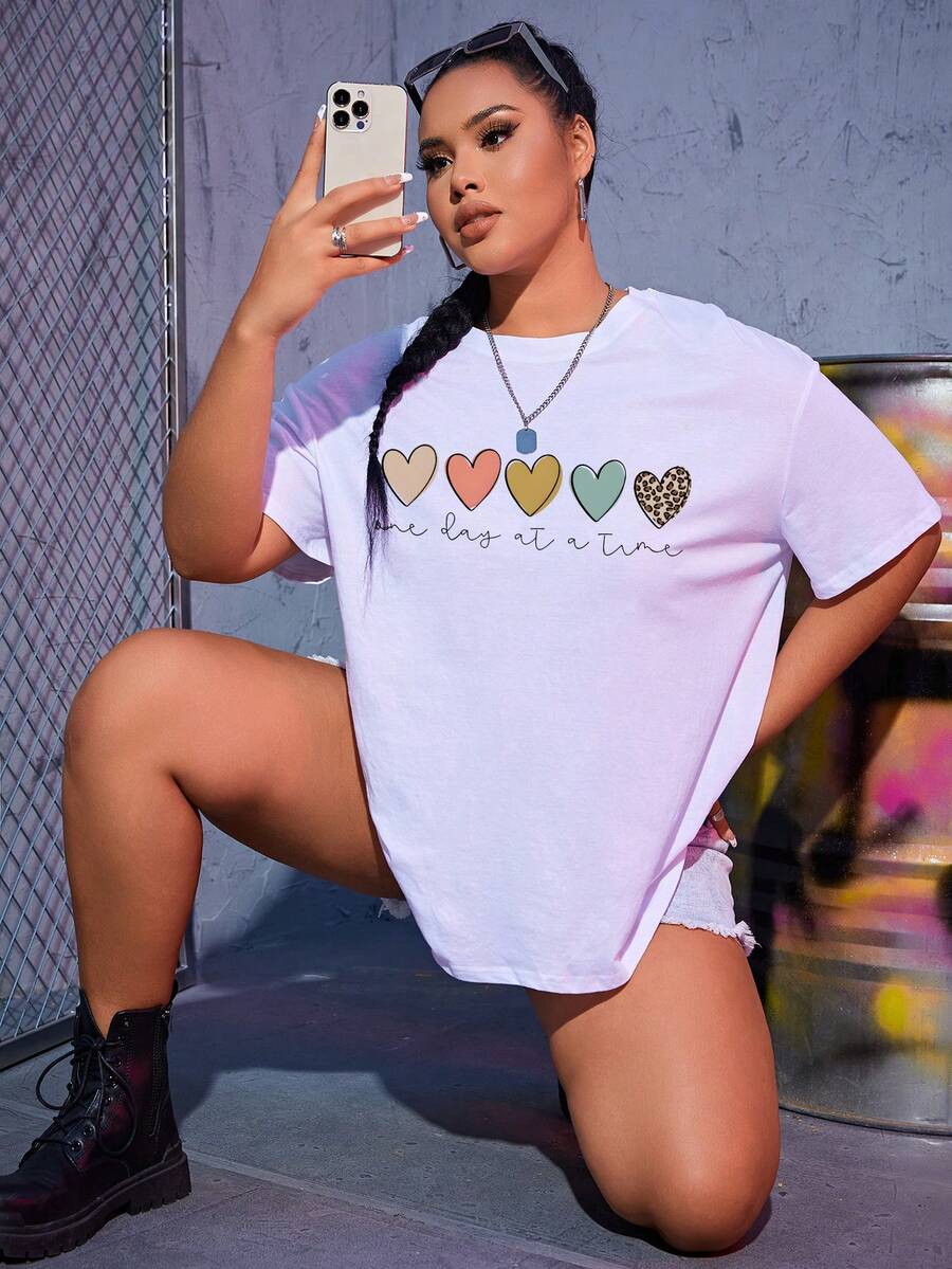 SHEIN Unity Áo thun Plus size Tim Slogan Giải trí - trắng - Xem 1