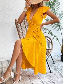 SHEIN VCAY 素色荷葉邊側繫帶圍裹式洋裝 - 黃色 - 查看 1