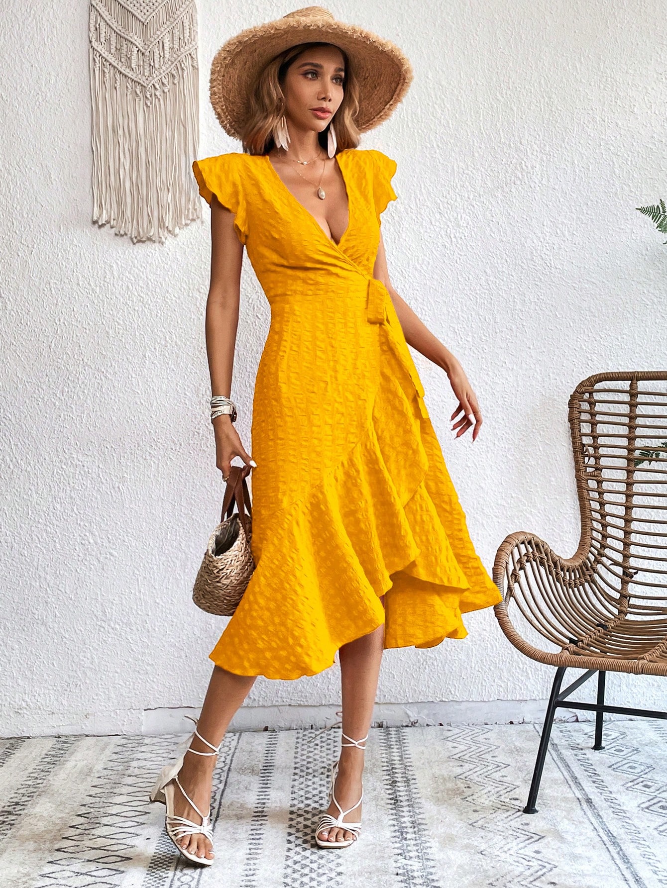 SHEIN VCAY Robe portefeuille unicolore ?� volants ?� n??ud | Mode en ligne | SHEIN FRANCE