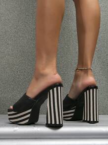 Women's New Summer Chunky High Heel Black & White Striped Slip-On Slides,Platform Heels For Women - Black - View 8