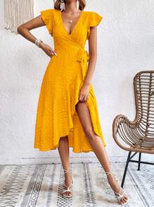 SHEIN VCAY 素色荷葉邊側繫帶圍裹式洋裝 - 黃色 - 查看 6