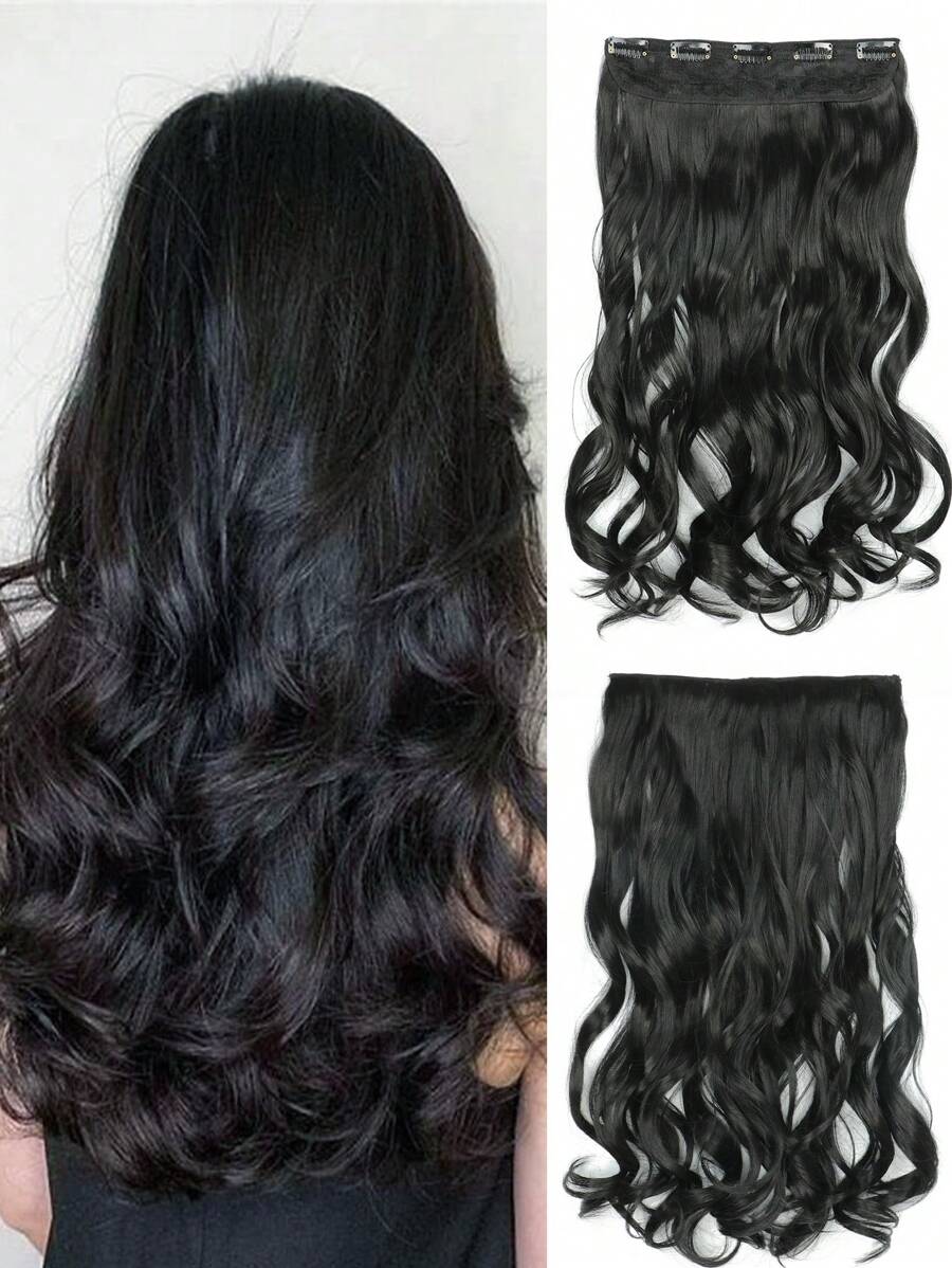 Clip In Long Curly Synthetic Hair Extension - Black - View 1