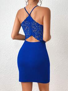 SHEIN Privé Đầm Lộ Lưng Tương phản ren Cắt ra màu trơn Gợi cảm - Xanh đậm - Xem 5