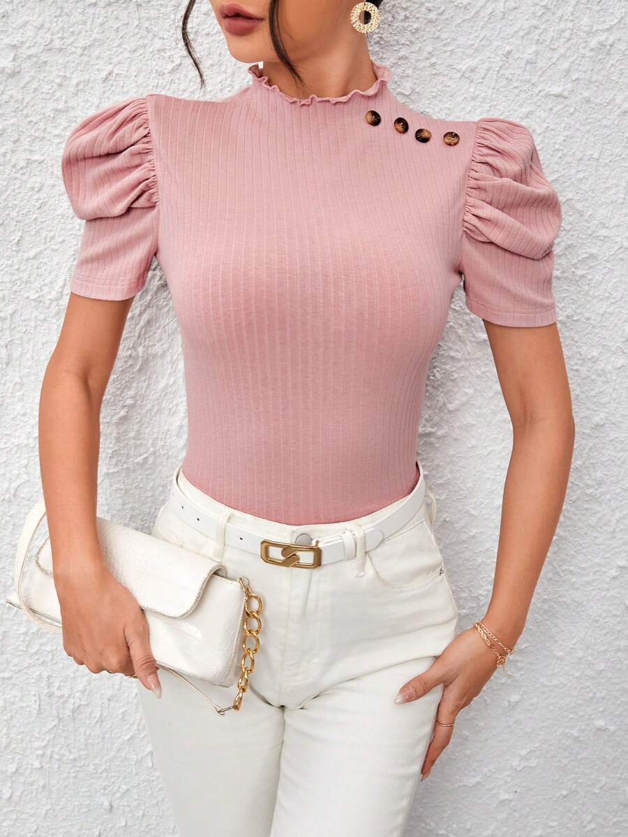 SHEIN Privé 小高領紐扣細節泡泡袖T恤 - 藕粉色 - 查看 1