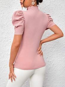 SHEIN Privé 小高領紐扣細節泡泡袖T恤 - 藕粉色 - 查看 2