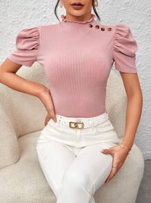 SHEIN Privé 小高領紐扣細節泡泡袖T恤 - 藕粉色 - 查看 3