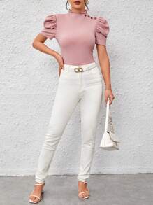 SHEIN Privé 小高領紐扣細節泡泡袖T恤 - 藕粉色 - 查看 5