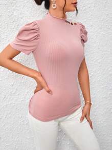 SHEIN Privé 小高領紐扣細節泡泡袖T恤 - 藕粉色 - 查看 6