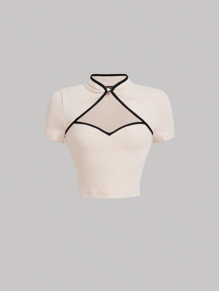 SHEIN MOD Contrast Binding Cut Out Front Crop Tee - Apricot - View 1