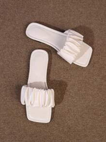 Yp-278 Beige,Ladies' Wrinkles Beige Leisure Fashion Square-Toe Flat Mules