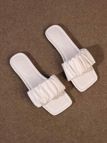 Yp-278 Beige,Ladies' Wrinkles Beige Leisure Fashion Square-Toe Flat Mules