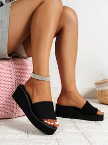 女士單帶露趾厚底坡跟優雅織物坡跟涼鞋適合夏天 - 黑色 - 查看 1