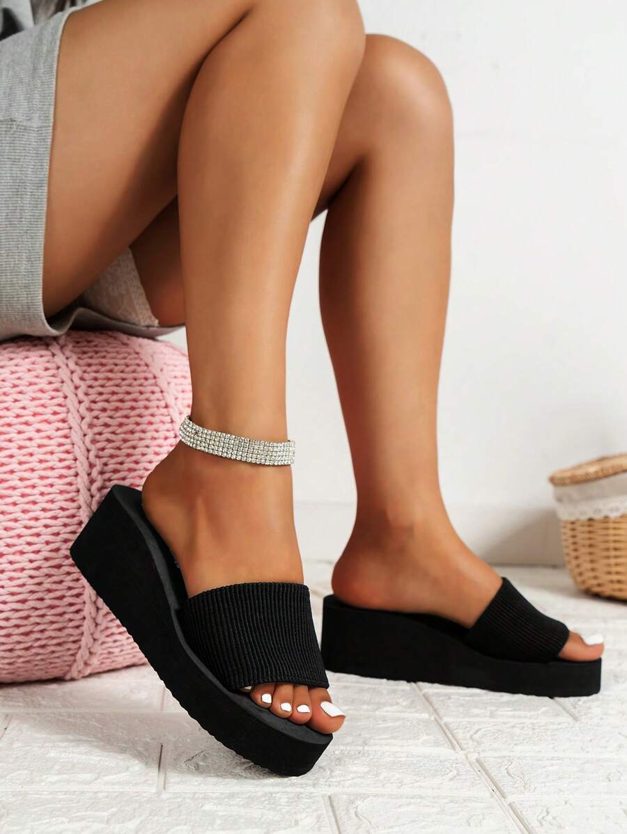 女士單帶露趾厚底坡跟優雅織物坡跟涼鞋適合夏天 - 黑色 - 查看 1