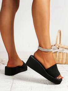女士單帶露趾厚底坡跟優雅織物坡跟涼鞋適合夏天 - 黑色 - 查看 2