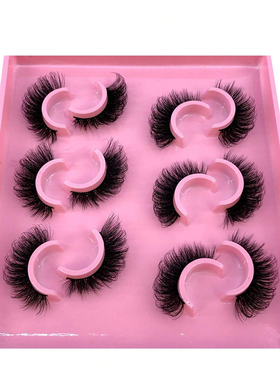 HBZGTLAD 6 对猫眼自然凌乱仿貂皮睫毛，长而全的细长交叉柔软浓密假睫毛 - 黑色 - 查看 1