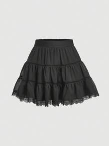 SHEIN MOD Váy nữ Tương phản ren Viên lá sen màu trơn Giải trí - màu đen - Xem 1