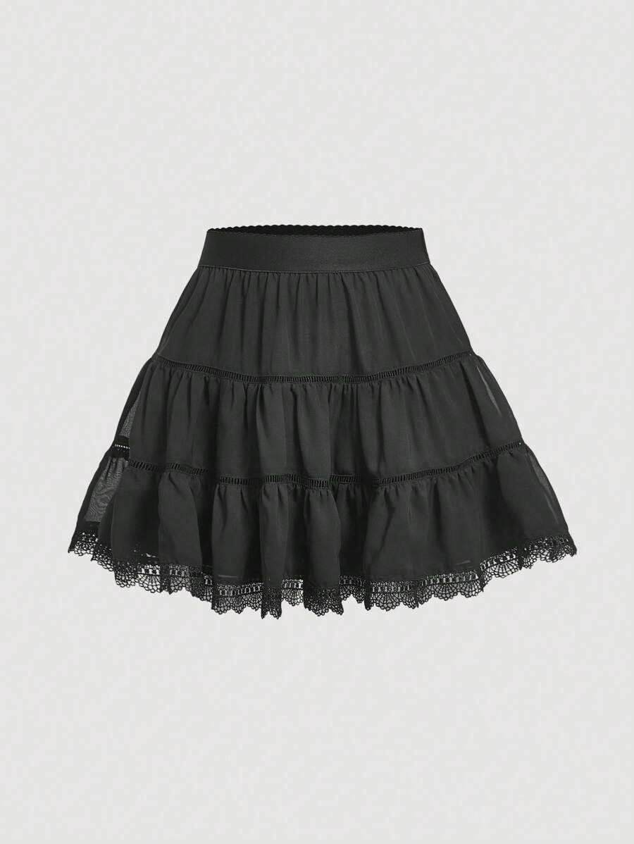 SHEIN MOD Váy nữ Tương phản ren Viên lá sen màu trơn Giải trí - màu đen - Xem 1