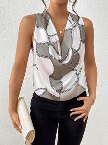SHEIN Privé Chain Print Draped Collar Sleeveless Blouse - Multicolor - View 2
