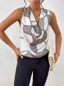 SHEIN Privé Chain Print Draped Collar Sleeveless Blouse - Multicolor - View 5